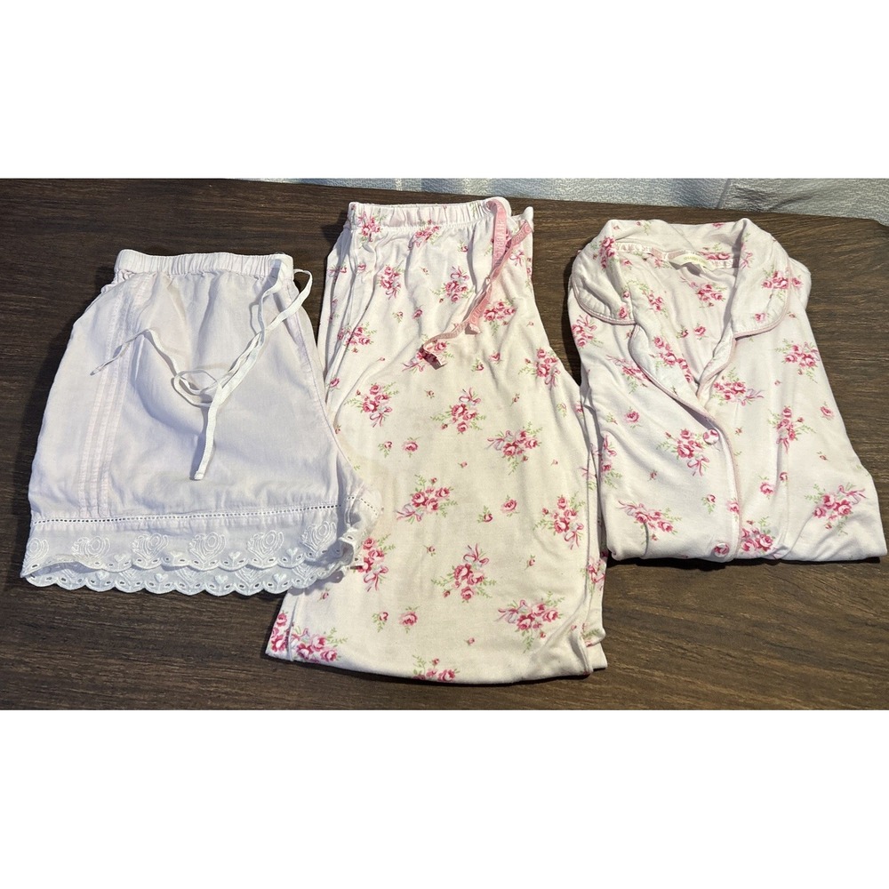 Shabby Chic Pink Floral 2 Piece Pajama Set + Solid Pink Shorts Size M Soft